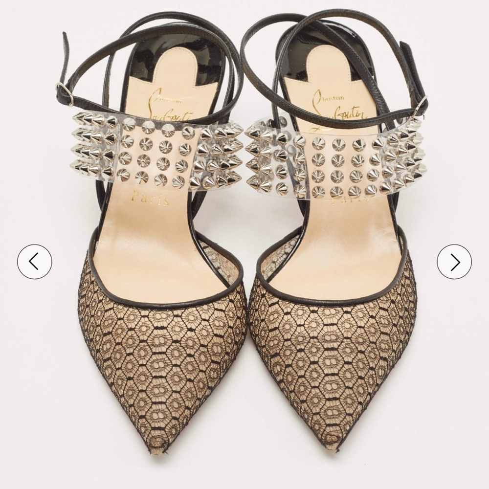 Christian Louboutin Black Lace, Leather and Spiked PVC Levita Rete Pumps 38.5